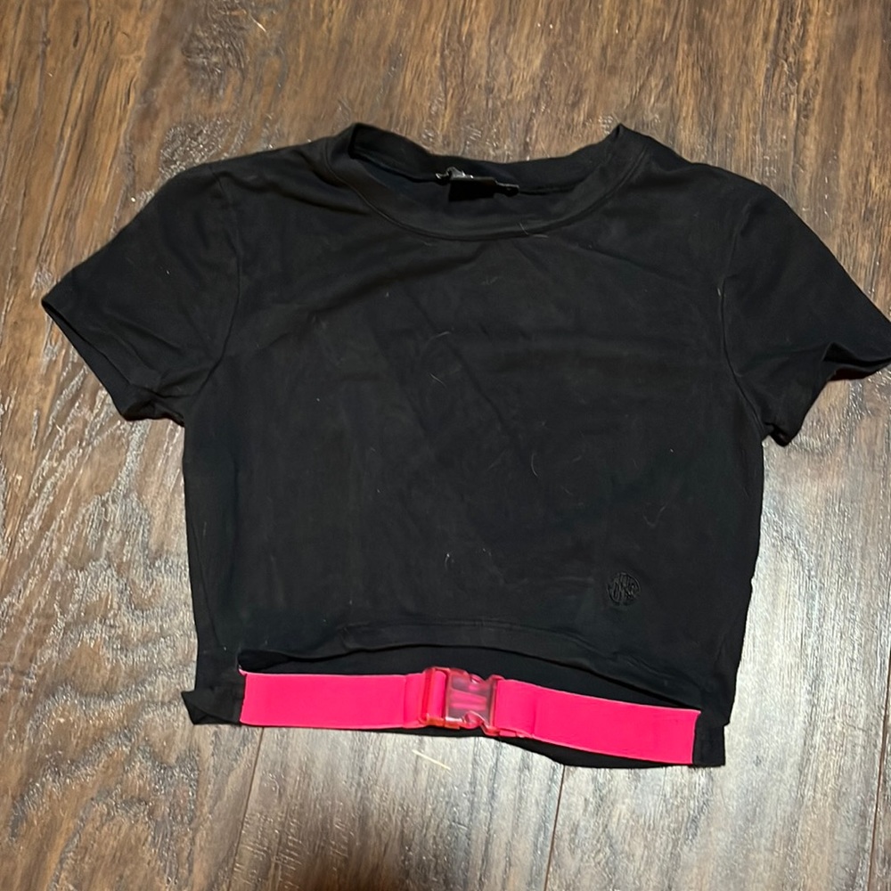 Ninth hall Black crop top with pink buckle